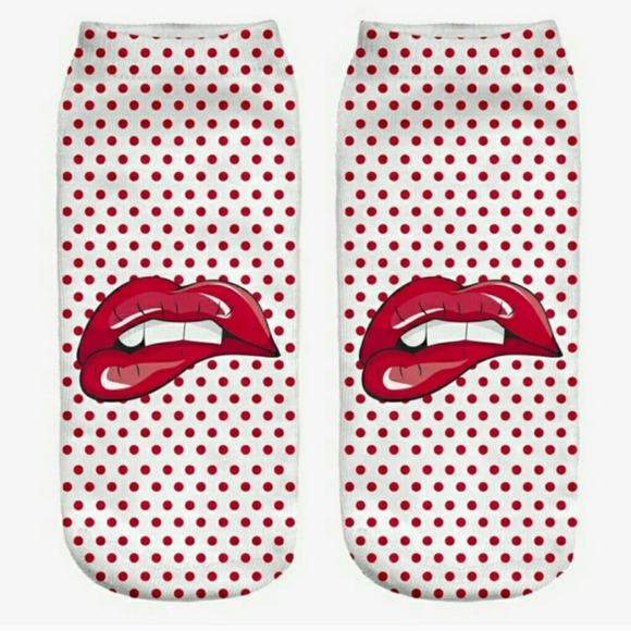 New 2-Pair Ankle Socks Multi-Color Sexy Lips and Red & White w/ Polkadot - Picture 3 of 3